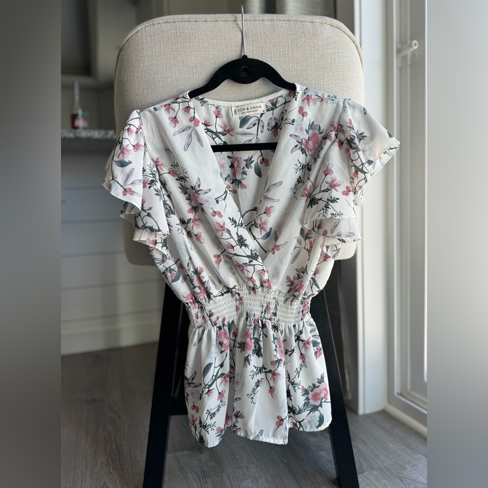 Jon & Anna White and Pink Floral Peplum Style Top